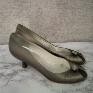 Stuart Weitzman Women's Silver Satin Peep-Toe Heels with Jewel Accent